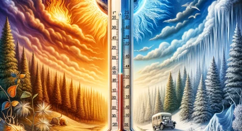 DALL·E 2024-02-06 10.02.40 - An artistic and detailed representation of a temperature differential, featuring a central, prominent thermometer bridging two contrasting environment
